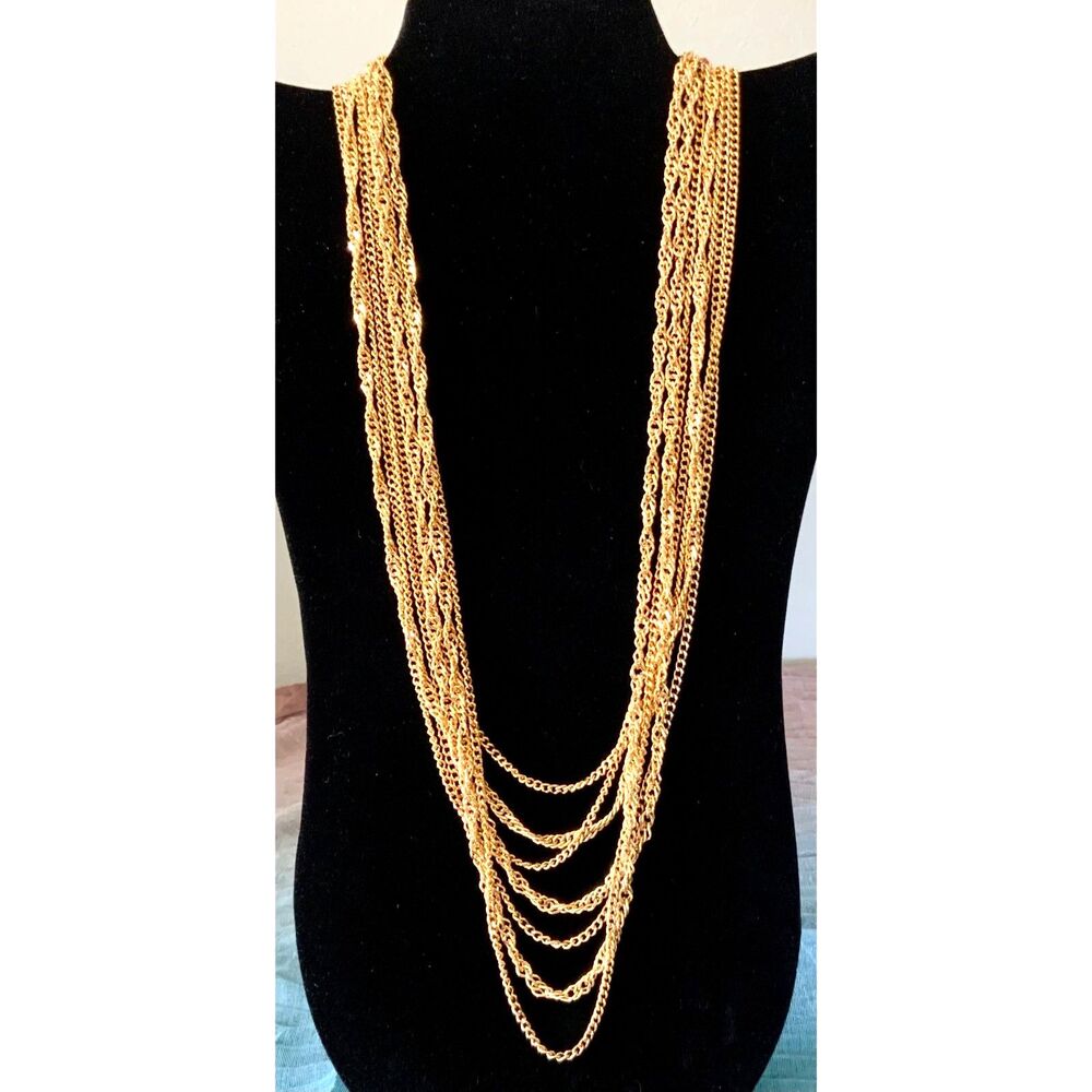 Vintage Trifari Gold Tone Multi Strand Chain Necklace Signed Statement